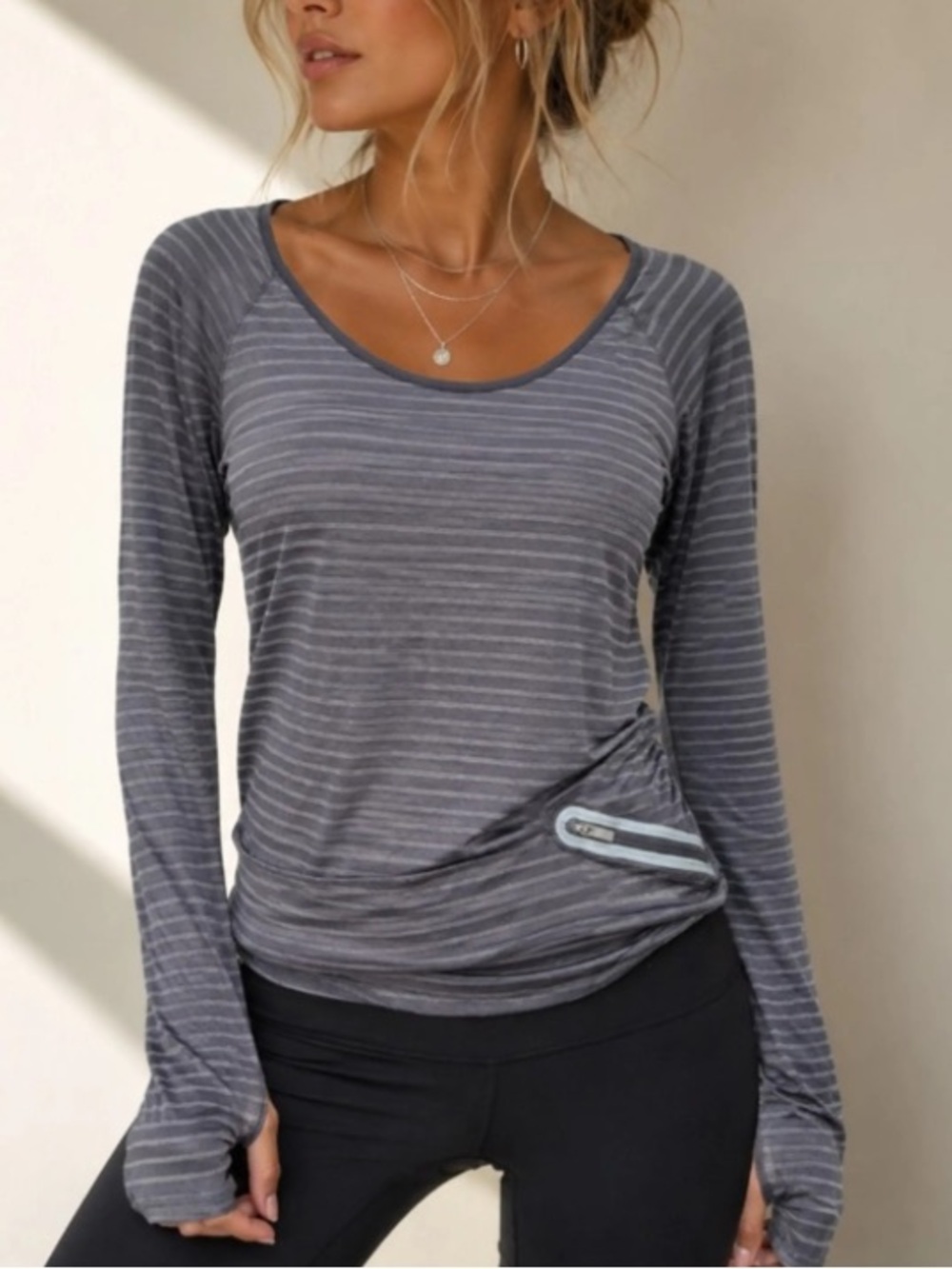 Athleta Gray Striped Long-Sleeve activewear Top with Thumbholes and zippers - M